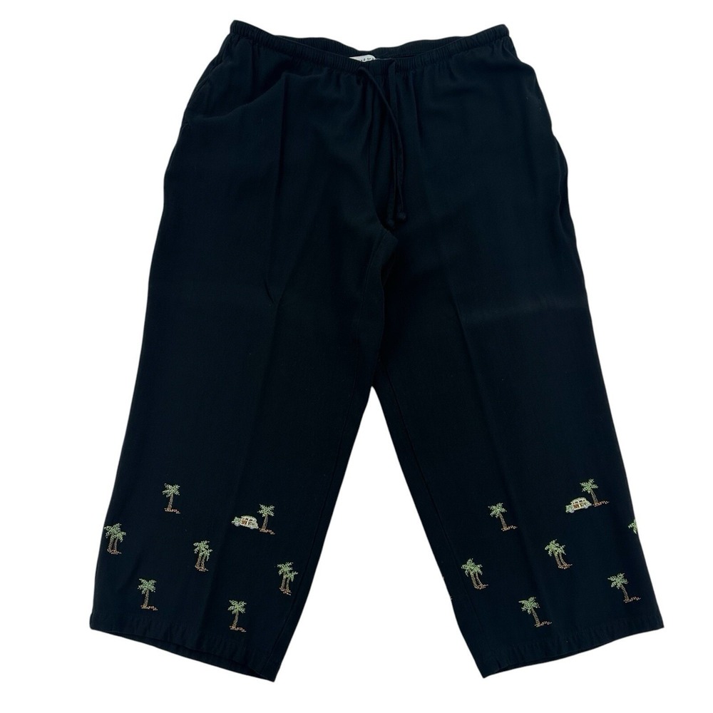 Weekend Traffic Black Rayon Palm Tree Car Embroidered Crop Pants Cozy Womens XL